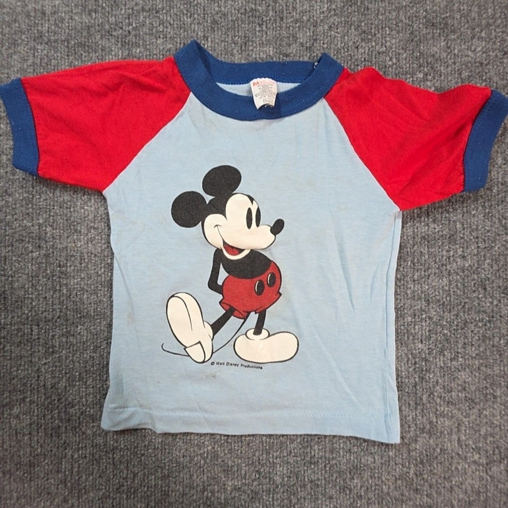 Vintage Sears Shirt Kids Medium Blue Mickey Mouse Ringer Graphic Tee USA